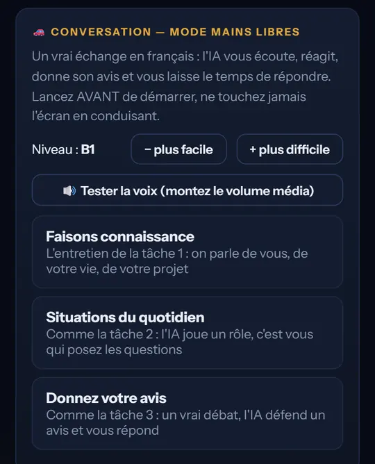 Le mode conversation de l'application, avec les trois situations de l'épreuve orale