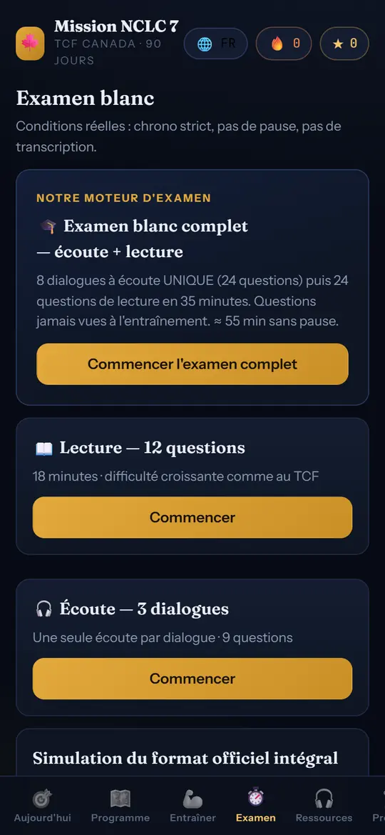 Écran Examen blanc : examen complet chronométré, lecture et écoute