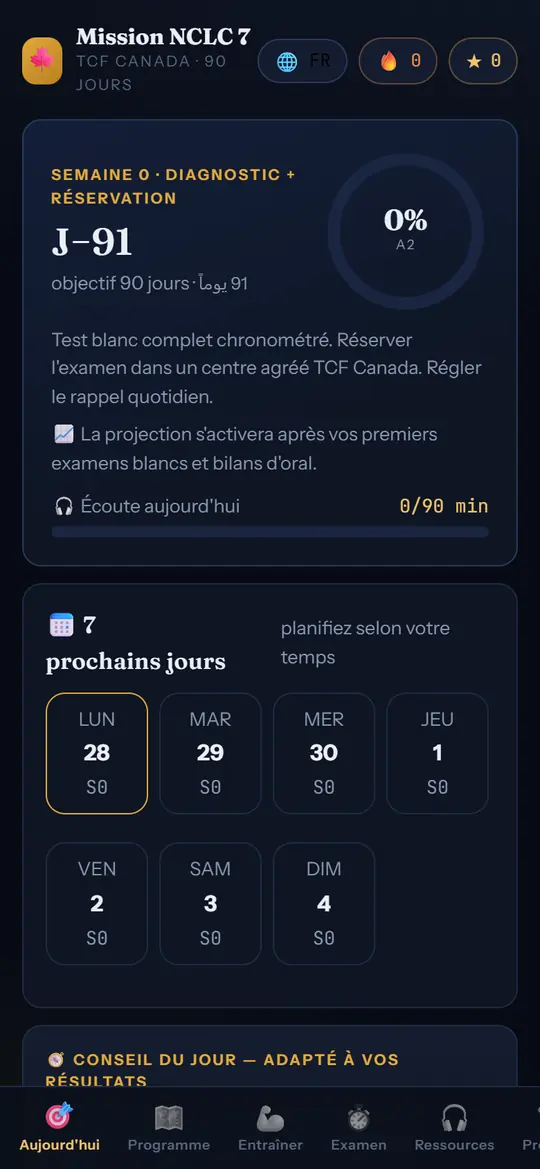 Écran Aujourd'hui de l'application : la mission du jour et le compte à rebours de 91 jours